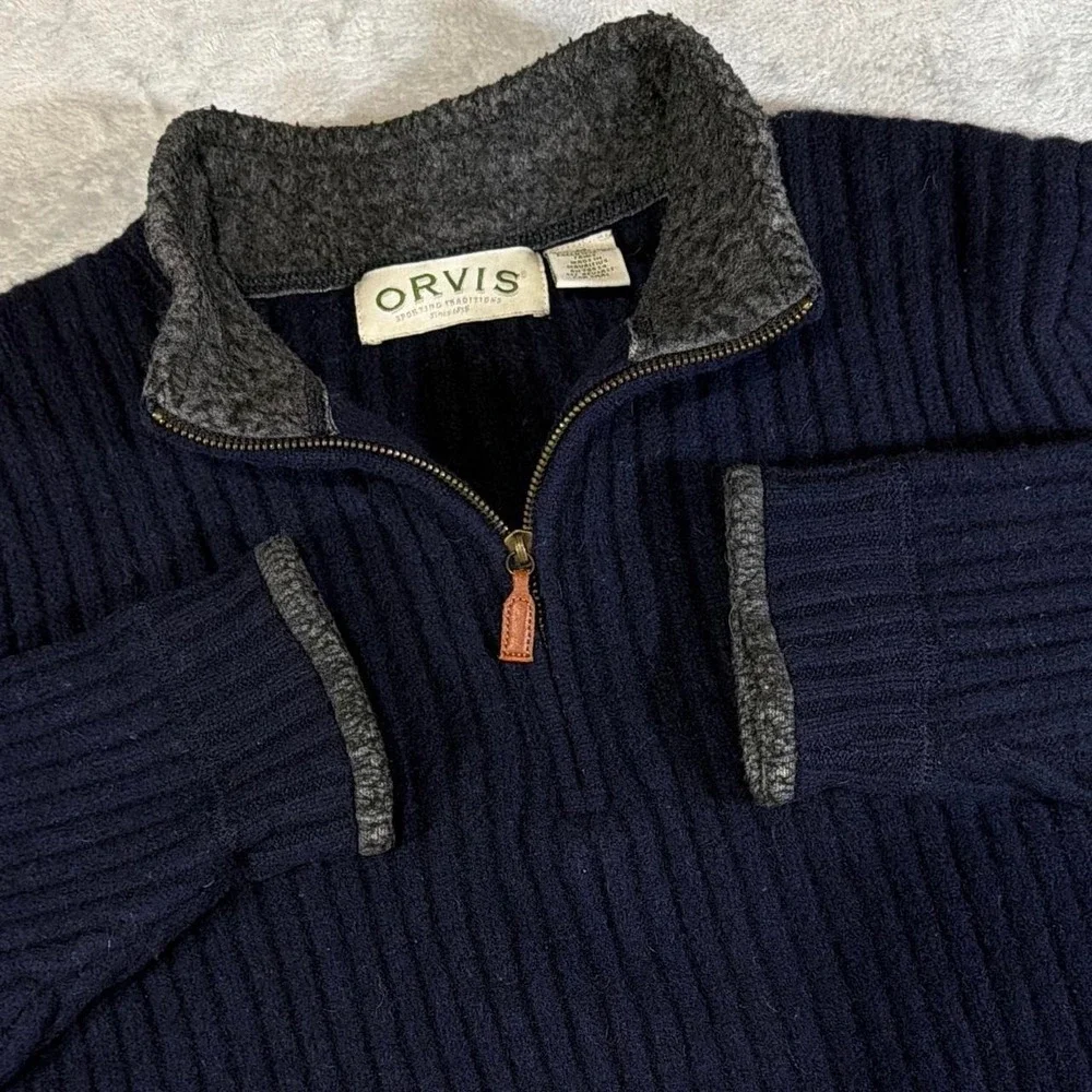Vintage Orvis Rib Knit Quarter-Zip Lambswool Sweater | Navy Blue | Medium